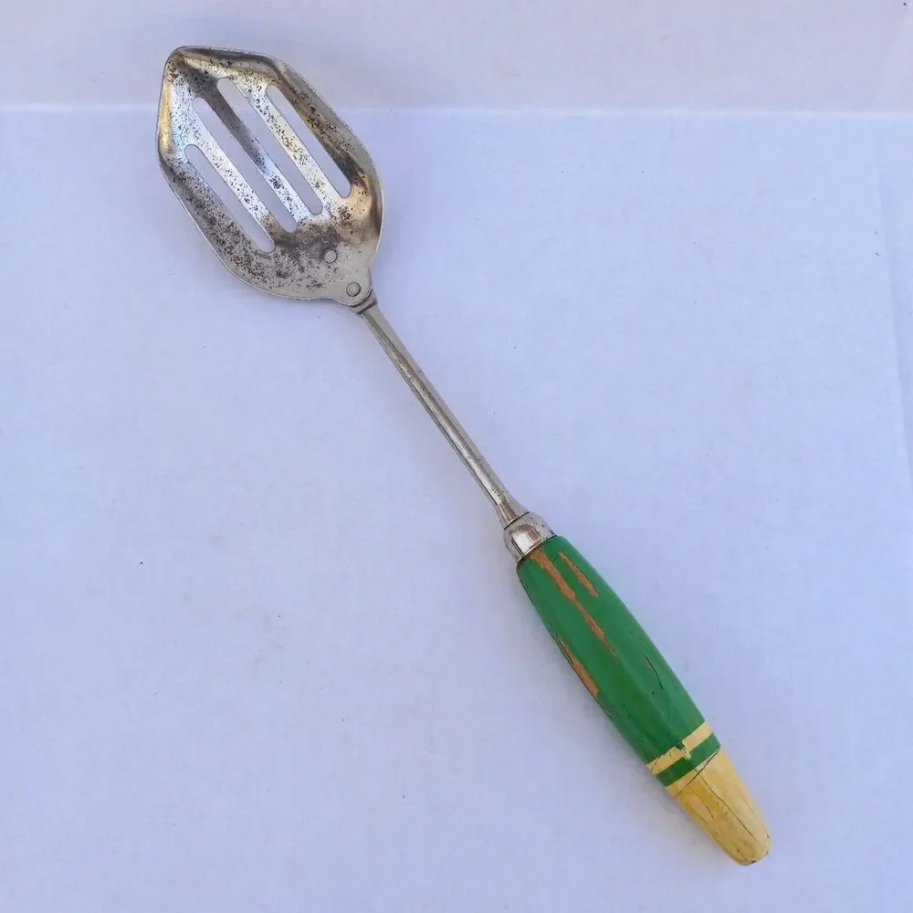 Vintage A&J Scraper Slotted Spoon-Stainless Steel-Wooden Handle-USA Made-Chippy